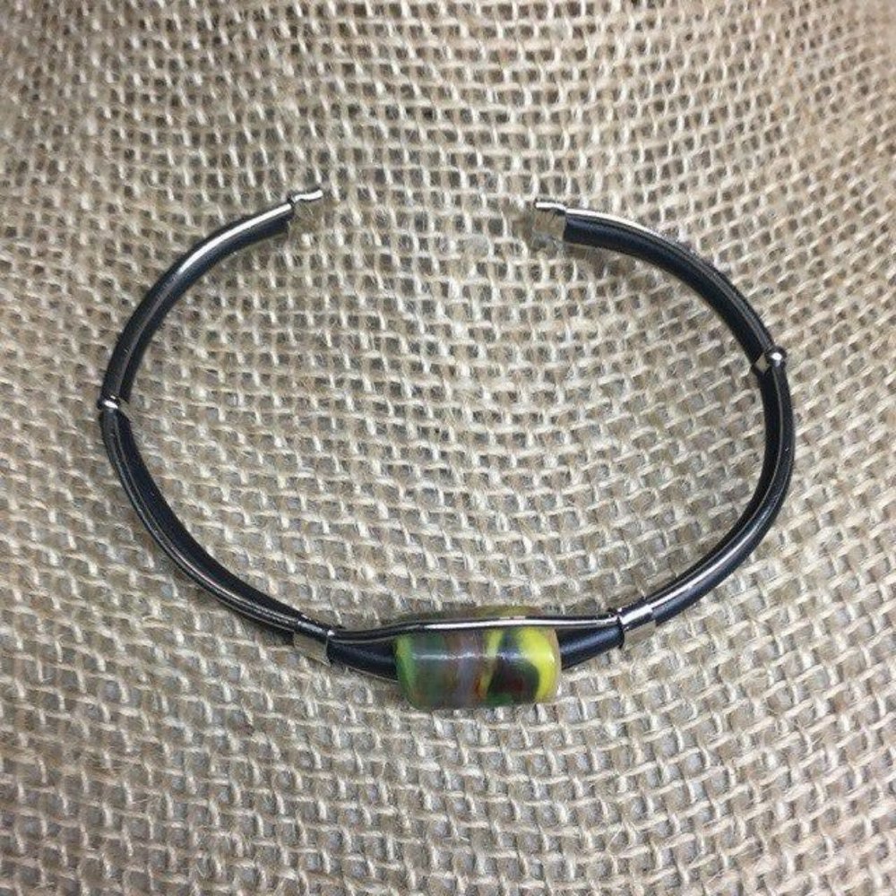 Bangle Bracelet Green Brown Swirl Bead Silver Black Retro BoHo